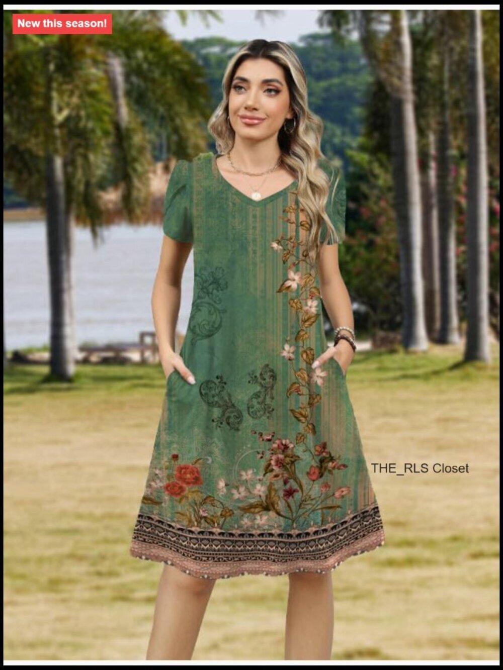 Polyester Spandex A-Line Mini Dress with Pockets V-Neck Short Sleeve - Picture 2 of 7